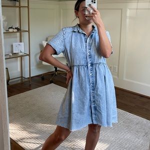 Women's Short Sleeve Button Down Flowy Tiered Babydoll Denim Dress